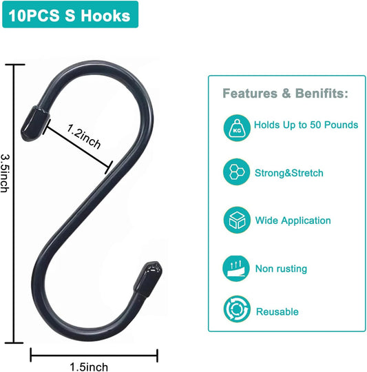 10 Pcs Heavy Duty Large S Hooks, Vinyl Coated, Anti-Slip for Closet, Bathroom, Kitchen & Garden