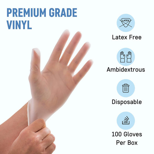 Powder Free Disposable Gloves -100 Pack - 4 Mil Clear Vinyl Medical Exam Gloves