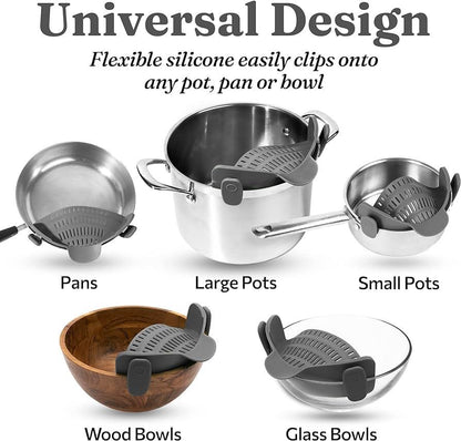 Strainer, Clip on Strainer, for Pots Pan Pasta Strainer, Silicone Food Strainer Hands Free Pan Strainer