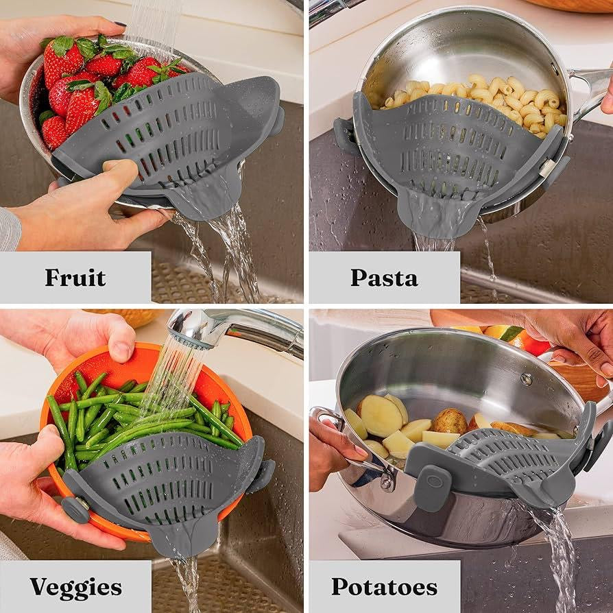 Strainer, Clip on Strainer, for Pots Pan Pasta Strainer, Silicone Food Strainer Hands Free Pan Strainer