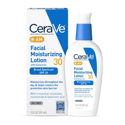 CeraVe AM Facial Moisturizing Lotion with SPF 30, Oil-Free Face Moisturizer with SPF, Formulated with Hyaluronic Acid, Niacinamide & Ceramides, Non-Comedogenic, Broad Spectrum Sunscreen