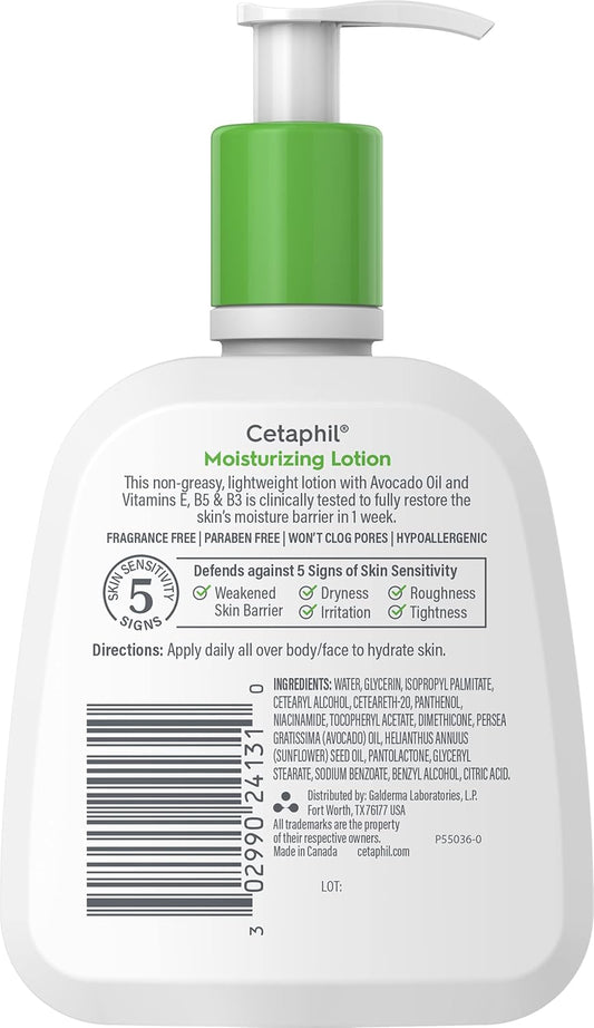 Cetaphil Moisturizing Lotion, Face & Body Moisturizer for Men & Women, Normal to Dry Sensitive Skin, Unscented, 236ml