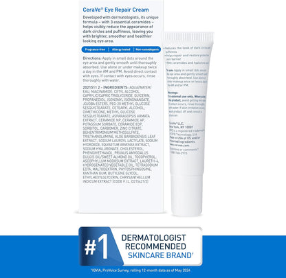 CeraVe Eye Repair Cream | Under Eye Cream for Dark Circles and Puffiness Delicate Skin Under Eye Area with Hyaluronic acid and Ceramides | Non-comedogenic, Fragrance Free