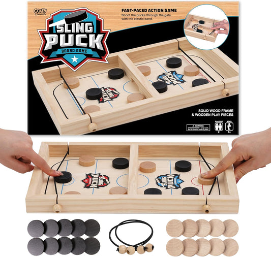 Sling Puck Game,Foosball Winner Board Game, Wooden Hockey Table Game, Fast Paced Slingshot Game Board