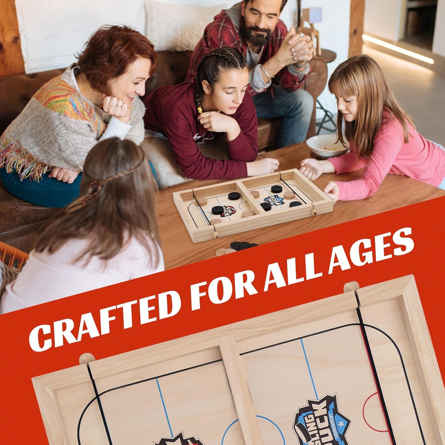 Sling Puck Game,Foosball Winner Board Game, Wooden Hockey Table Game, Fast Paced Slingshot Game Board