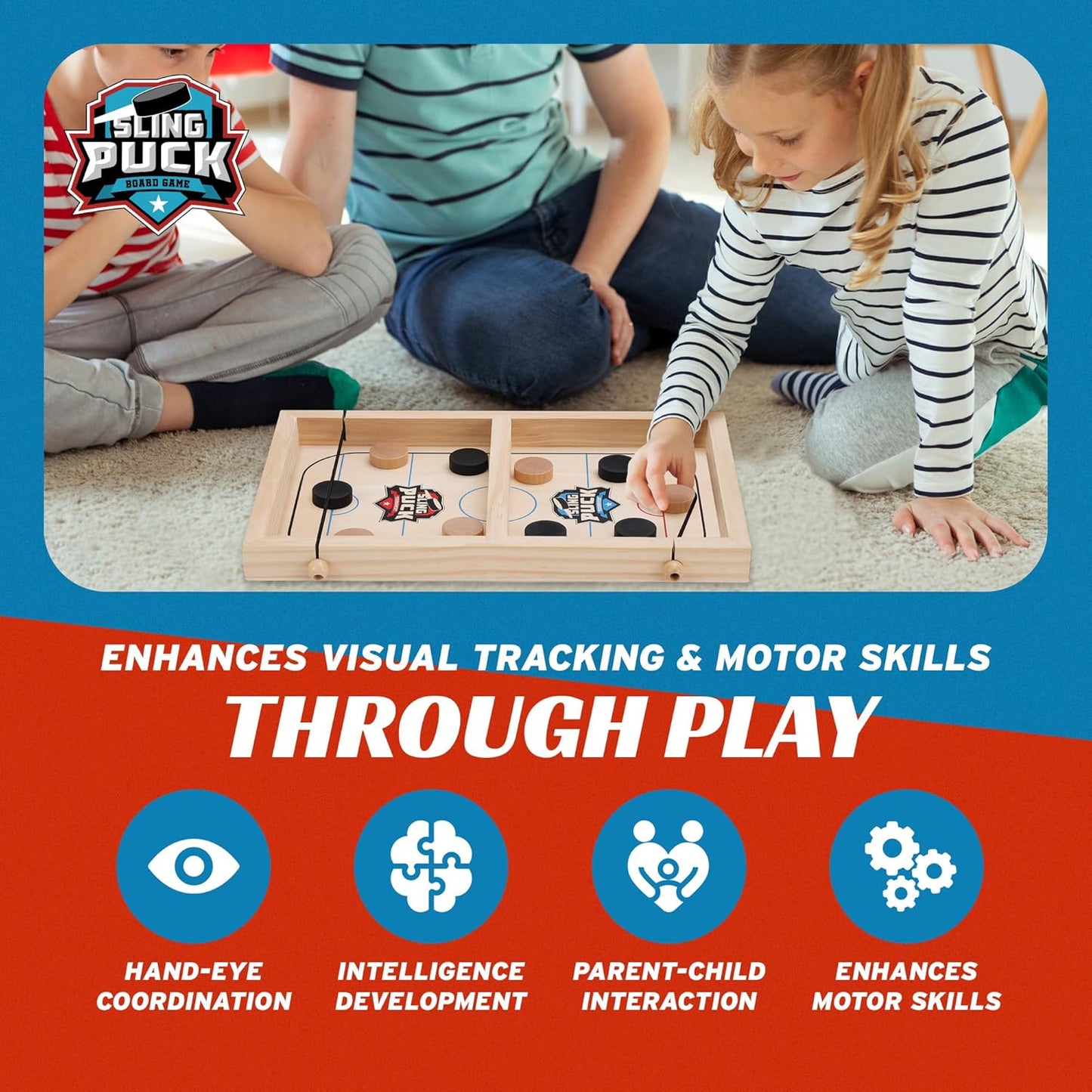 Sling Puck Game,Foosball Winner Board Game, Wooden Hockey Table Game, Fast Paced Slingshot Game Board