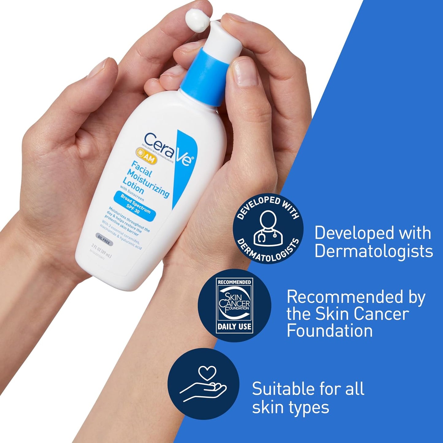 CeraVe AM Facial Moisturizing Lotion with SPF 30, Oil-Free Face Moisturizer with SPF, Formulated with Hyaluronic Acid, Niacinamide & Ceramides, Non-Comedogenic, Broad Spectrum Sunscreen