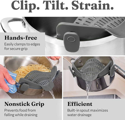 Strainer, Clip on Strainer, for Pots Pan Pasta Strainer, Silicone Food Strainer Hands Free Pan Strainer